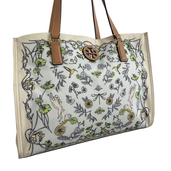 Tory Burch Nylon Ella Tote Bag Meadow Print Floral Rabbit Bird Nature Scene ASIS - Picture 2 of 9